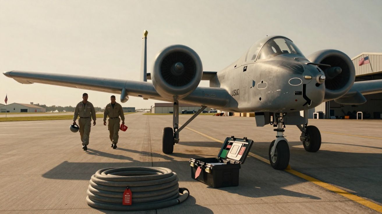 Avião militar estacionado com duas pessoas caminhando ao lado em pista de aeroporto.
