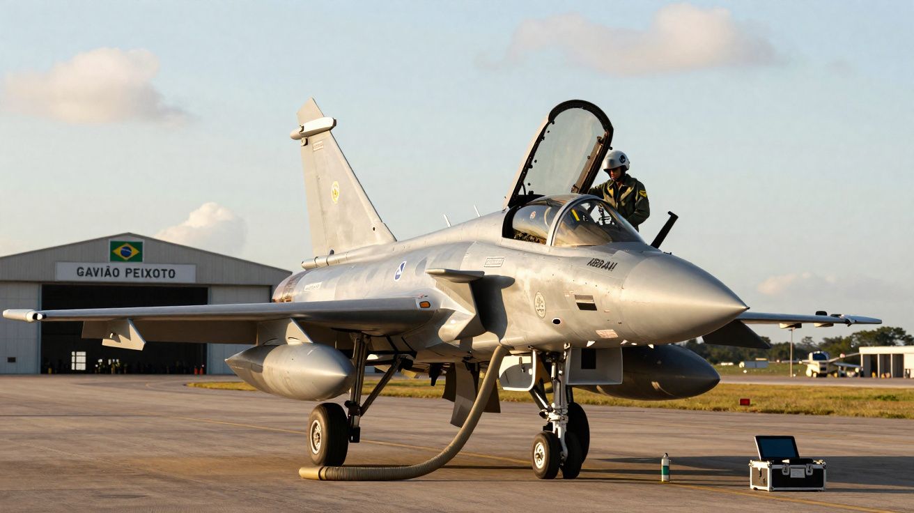 Caça Gripen da FAB estacionado em pista com piloto ao lado em base aérea Gavião Peixoto.