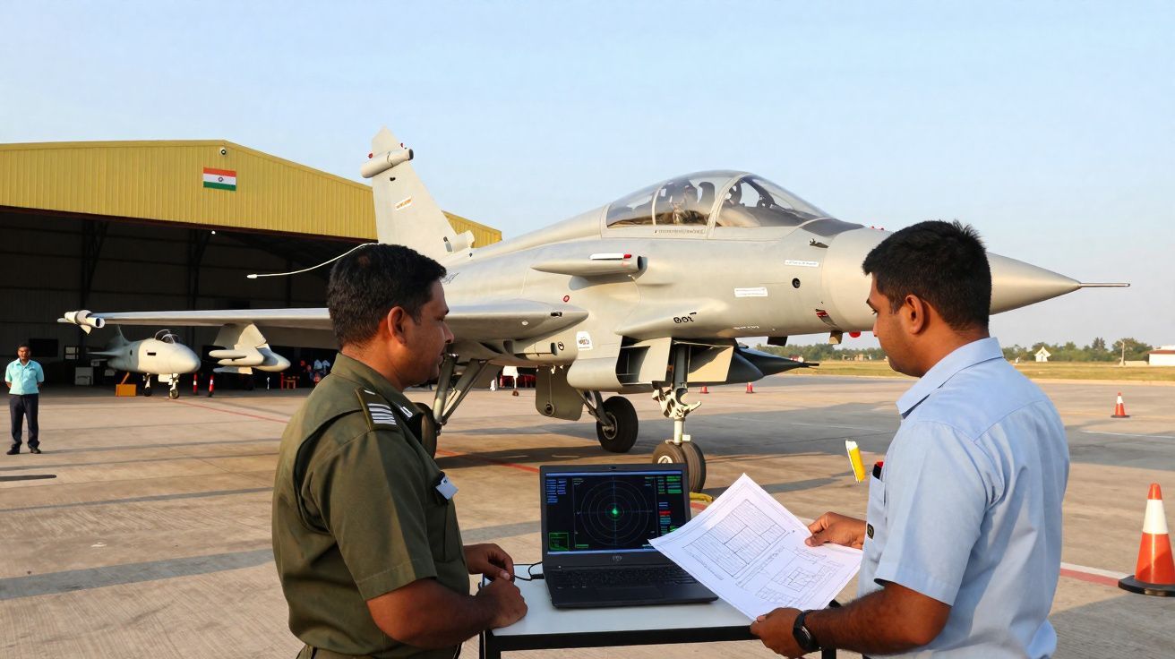 Dois homens avaliando radar em laptop com avião de combate estacionado em pista de hangar ao fundo.
