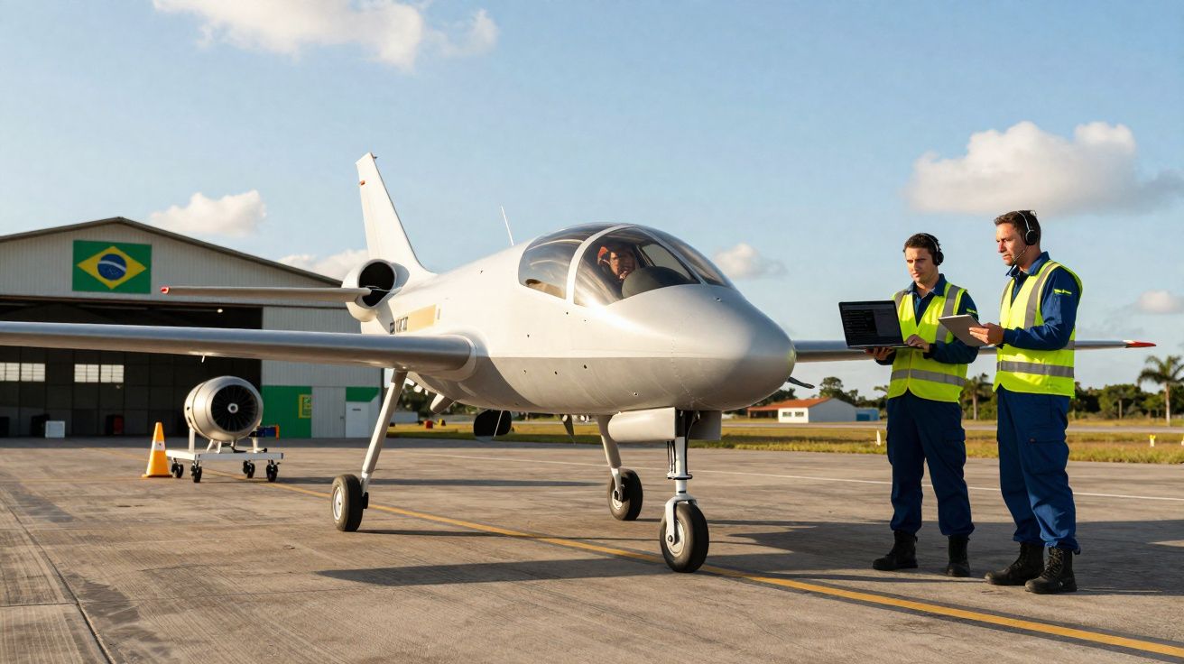 Aeronave branca no pátio de aeroporto com dois técnicos em coletes refletivos avaliando dados.