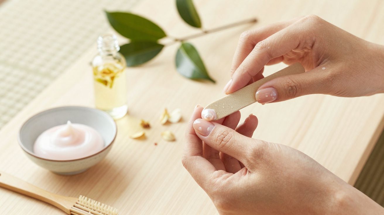 Mãos femininas aplicando creme nas unhas com lixa, ao lado de óleo, creme e folhas numa mesa de madeira clara.