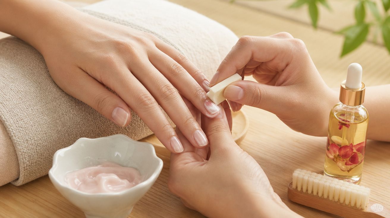 Pessoa aplicando creme nas unhas enquanto realiza manicure, com frasco de óleo e escova sobre mesa de madeira.