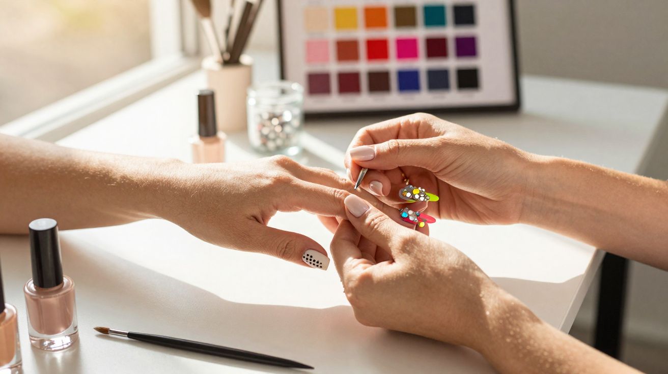 Profissional fazendo decoração colorida nas unhas de uma cliente em estúdio de manicure.