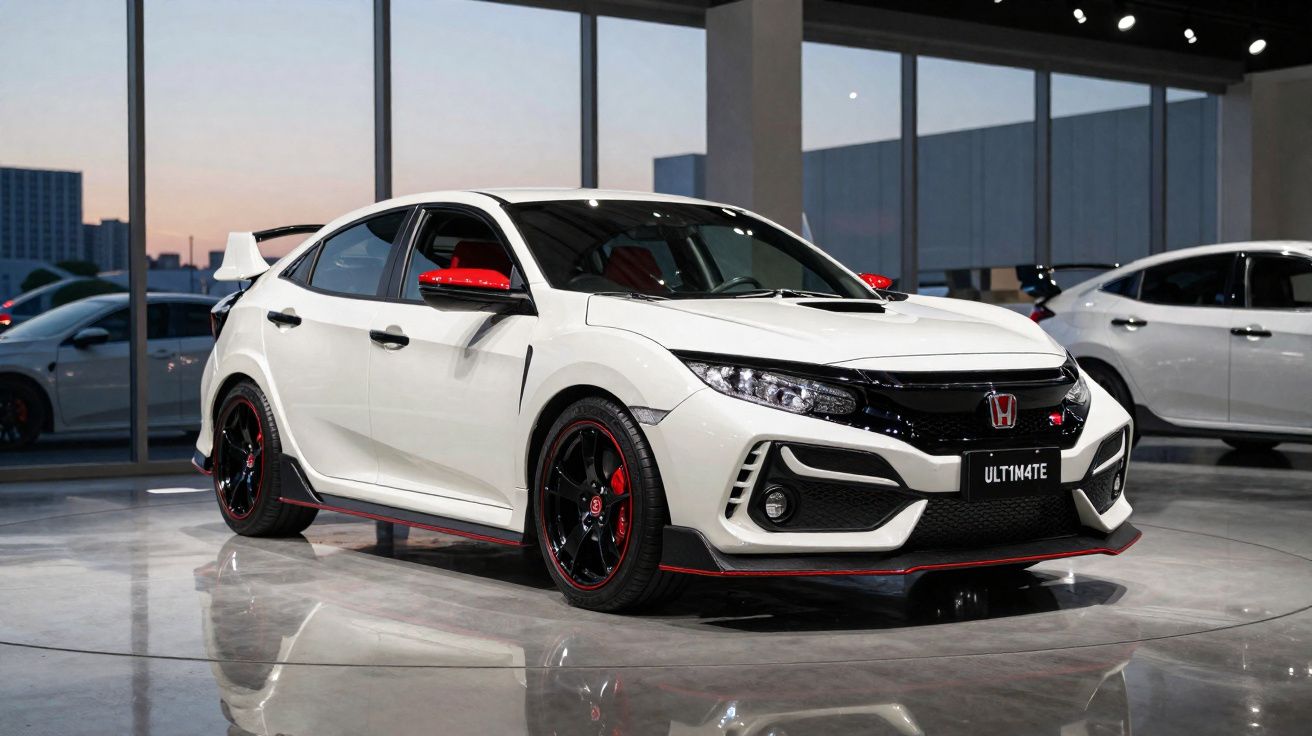 Carro esportivo branco Honda Civic Type R exposto em ambiente interno com detalhes vermelhos.