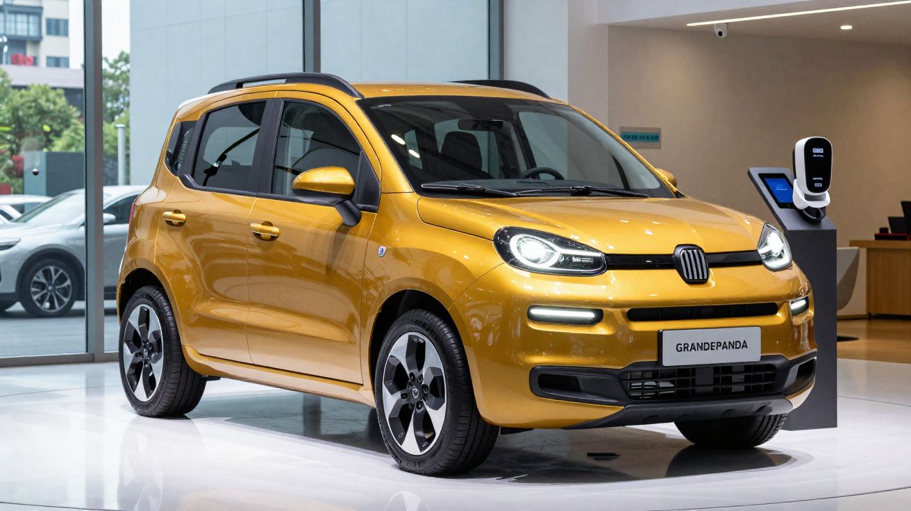 Carro elétrico compacto dourado Fiat Grande Panda exposto em showroom moderno.