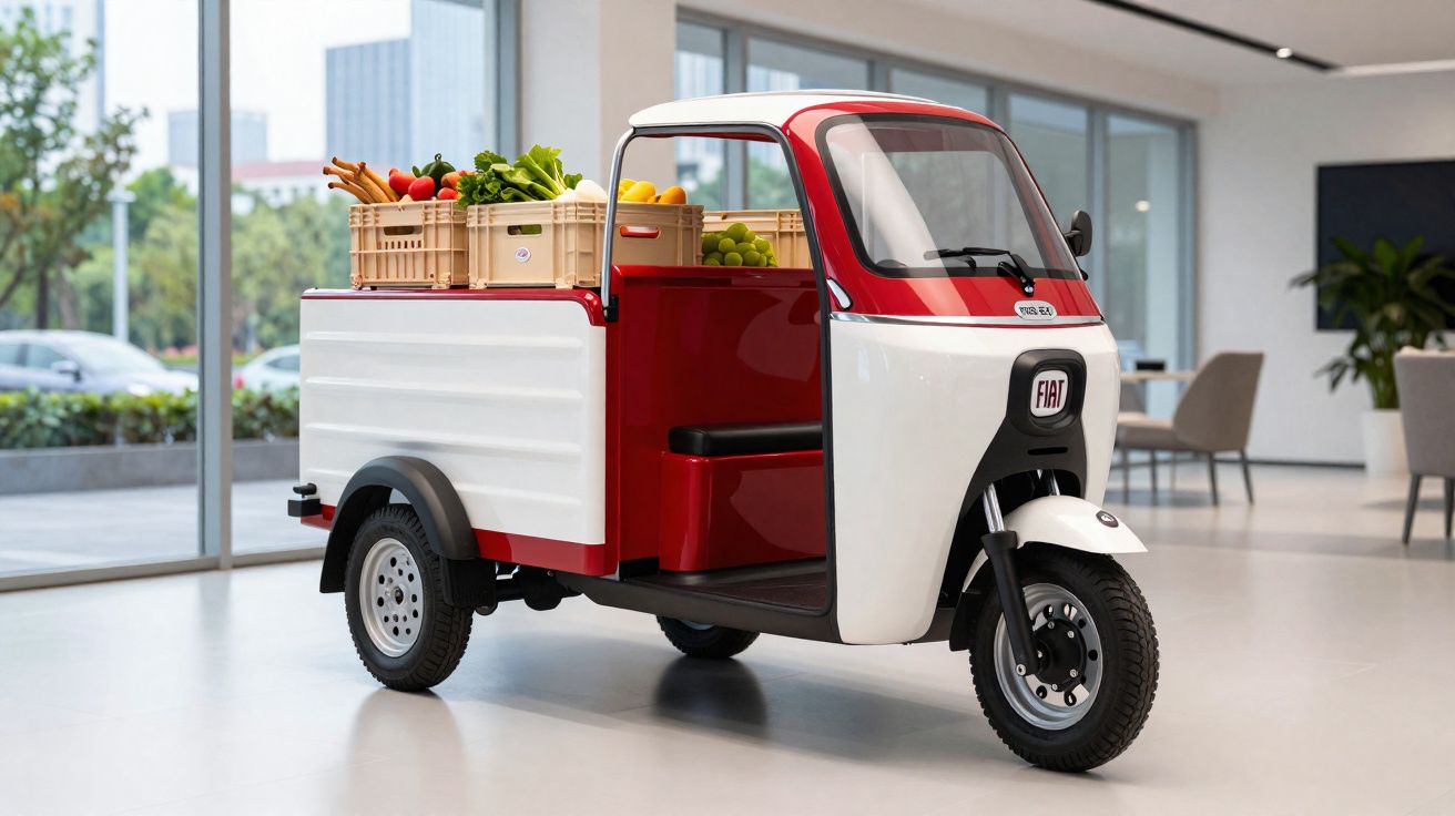 Veículo elétrico Fiat de três rodas carregando caixas de frutas e vegetais em ambiente interno moderno.