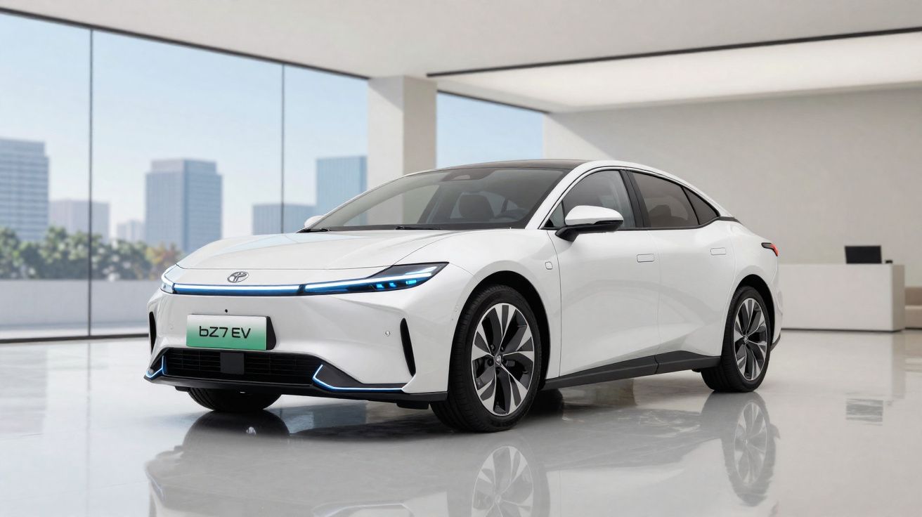 Carro elétrico branco Toyota bZ7 EV exibido em ambiente interno moderno e iluminado.