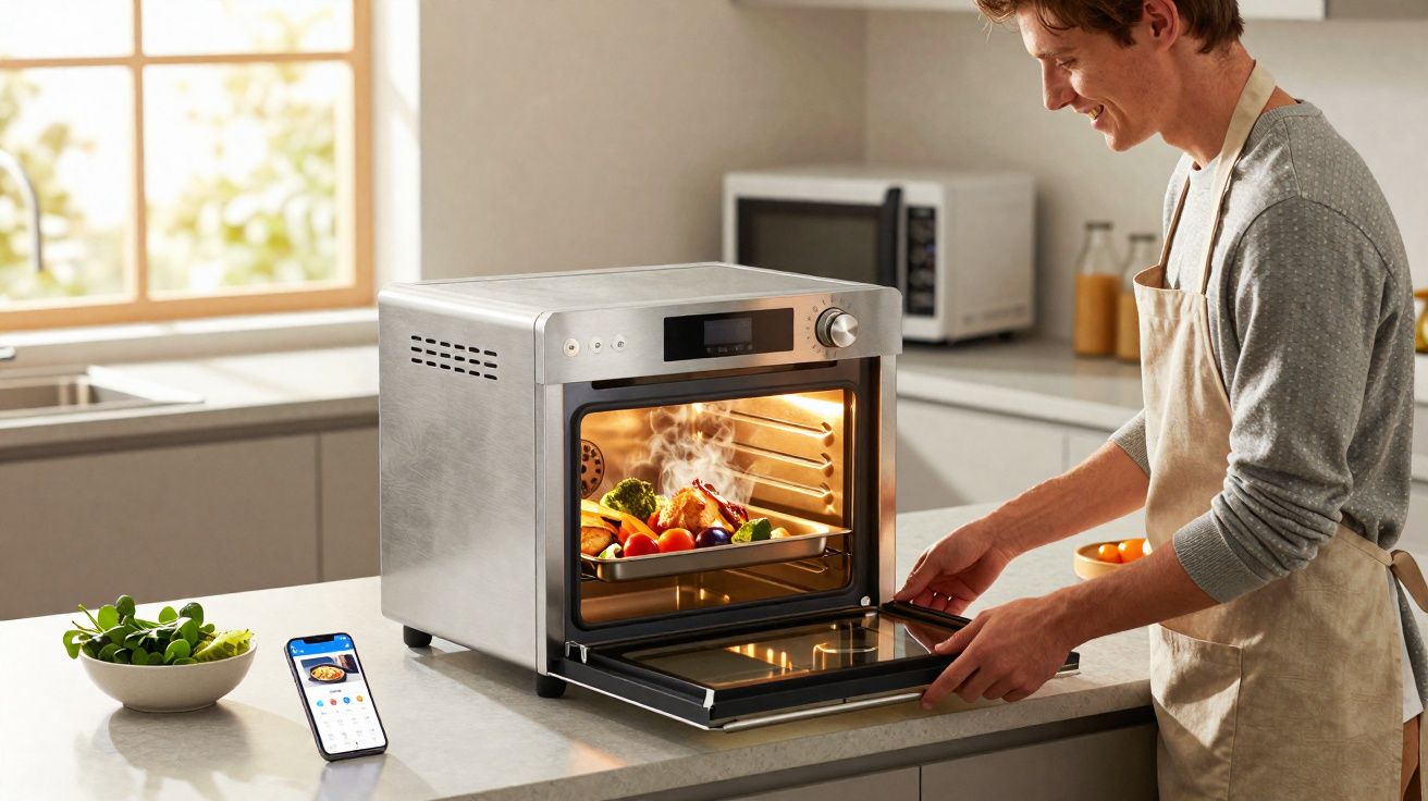 Homem tirando legumes assados de forno elétrico moderno em cozinha clara e organizada.