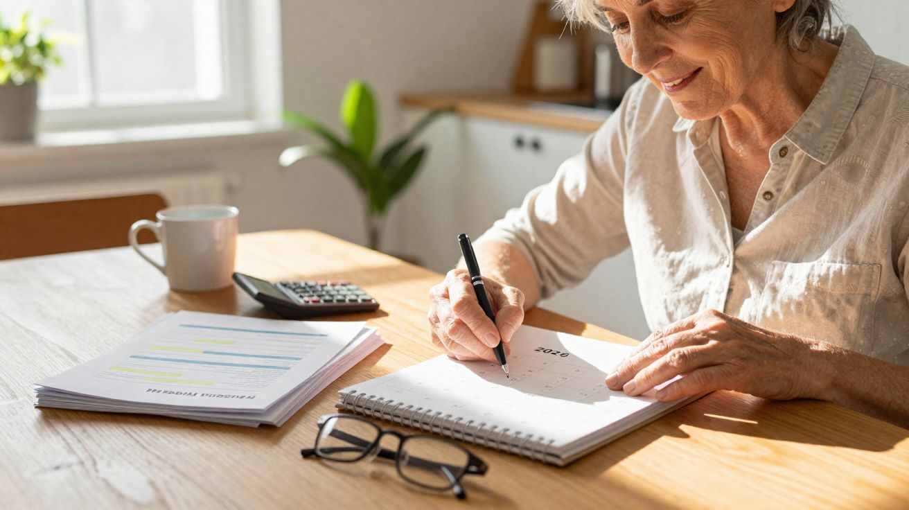 Mulher idosa escrevendo em agenda perto de documentos, calculadora, óculos e caneca sobre mesa de madeira.