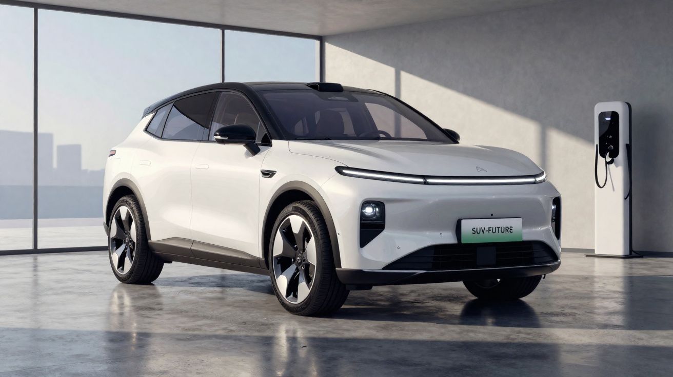 Carro elétrico SUV branco futurista estacionado em garagem moderna com carregador ao fundo.