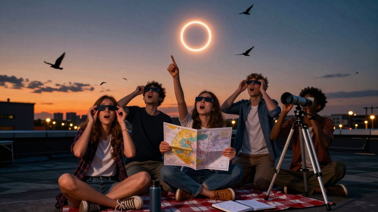 Grupo de jovens usando óculos para observar eclipse solar ao pôr do sol, com mapa e telescópio.