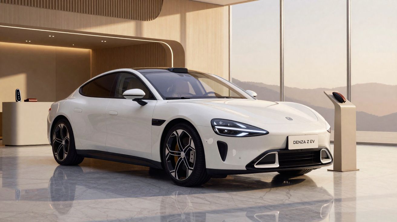 Carro elétrico branco Denza Z EV em showroom moderno com piso de mármore e vista de montanhas.
