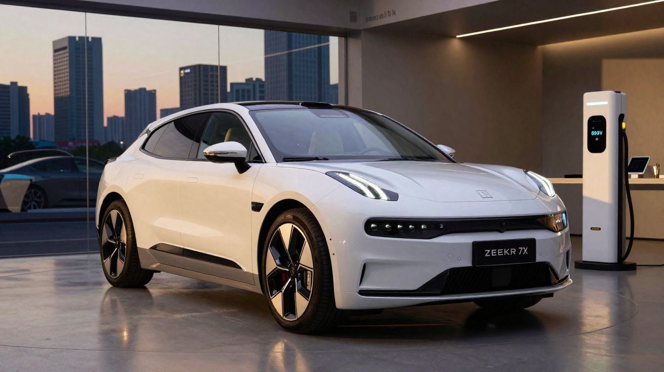 Carro elétrico branco Zeekr 7X estacionado em vaga com estação de recarga, ao entardecer na cidade.