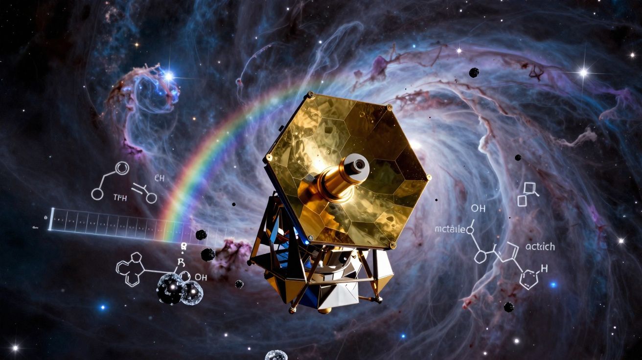 Satélite com espelho hexagonal dourado em espaço com nebulosa, arco-íris e fórmulas químicas flutuantes.
