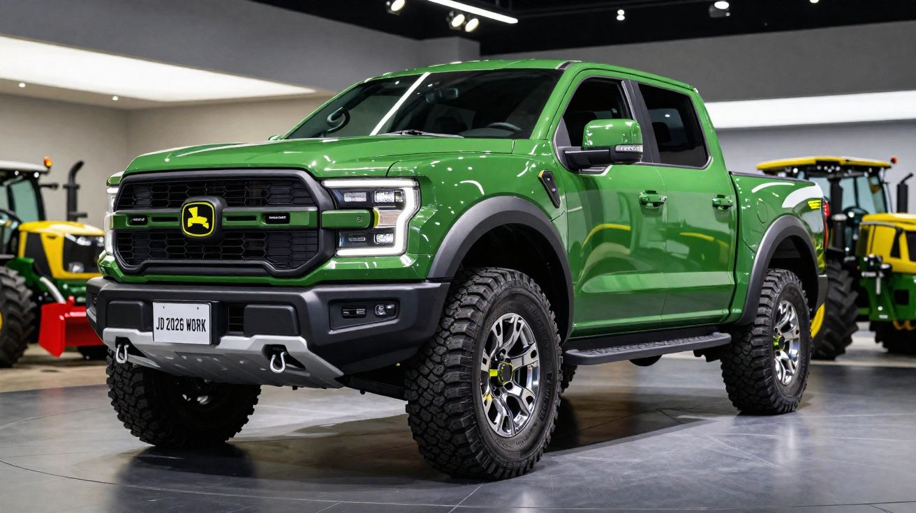 Picape verde da John Deere JD 2026 Work exibida em salão com tratores ao fundo.
