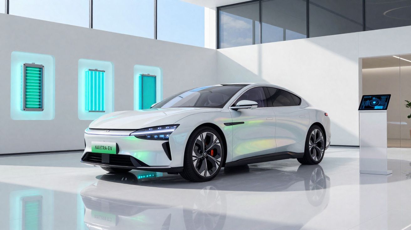 Carro elétrico branco futurista em ambiente interno moderno com luz natural e painel digital ao lado.