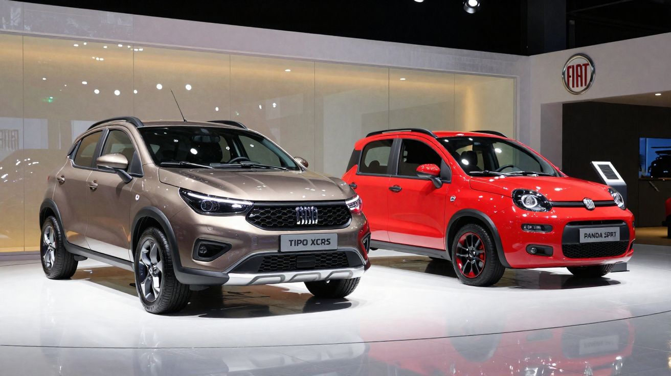 Dois carros Fiat exibidos em salão, modelo Tipo XCRS cinza e Panda Sport vermelho.