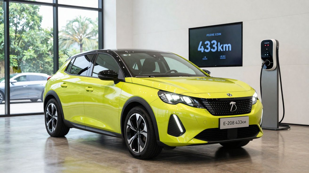 Carro elétrico amarelo modelo E-208 em exposição, com carregador e painel mostrando autonomia de 433 km.