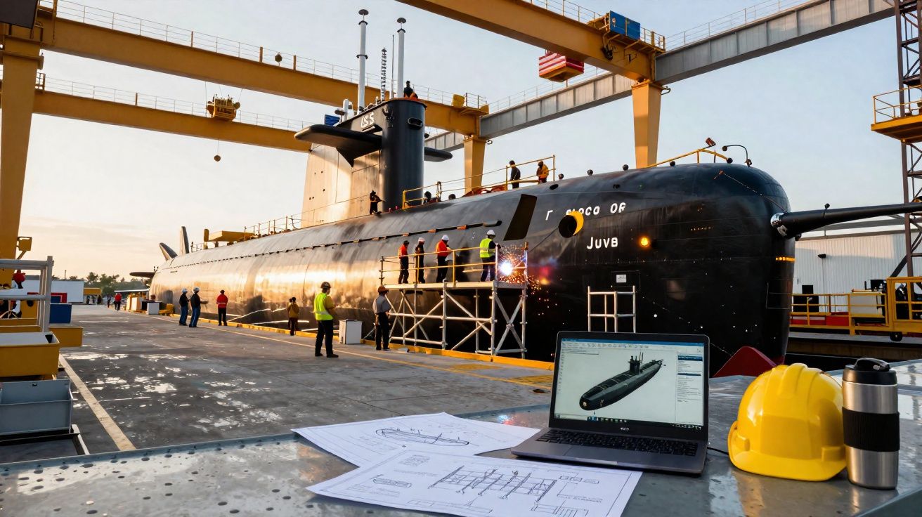 Submarino preto em doca seca com trabalhadores e equipamentos, com laptop e capacete amarelo em primeiro plano.