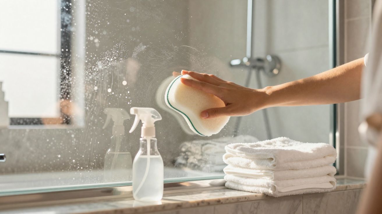 Pessoa limpando espelho com esponja ao lado de frasco spray e toalhas brancas empilhadas.