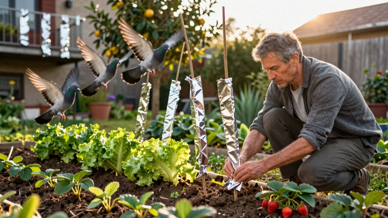 Homem cuidando de plantação de alface e morangos enquanto pássaros voam próximo no jardim.