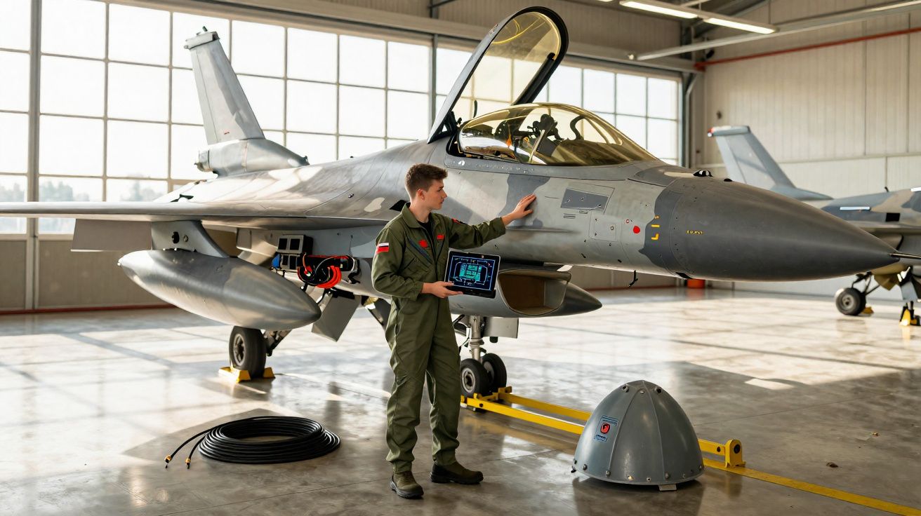 Piloto militar em uniforme verde inspeciona caça cinza estacionado em hangar iluminado.