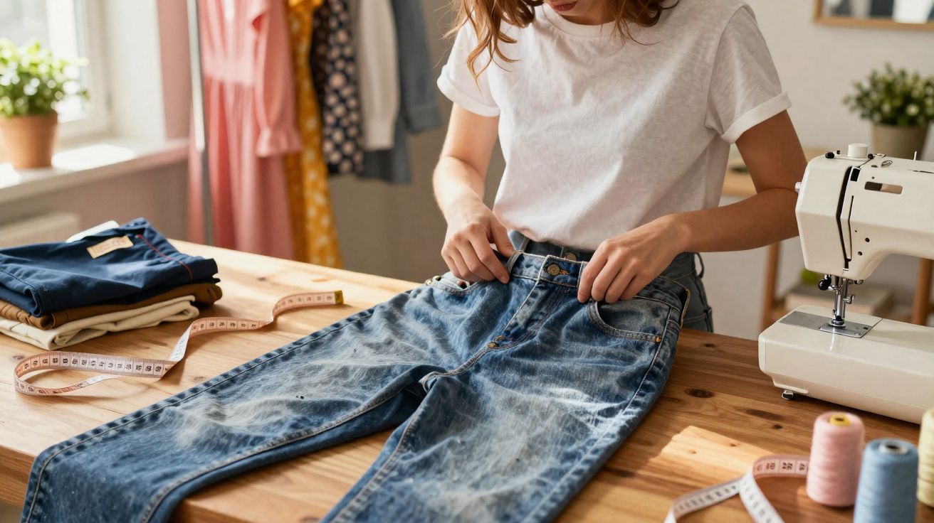 Pessoa ajustando calça jeans sobre mesa de madeira com máquina de costura e roupas ao redor.
