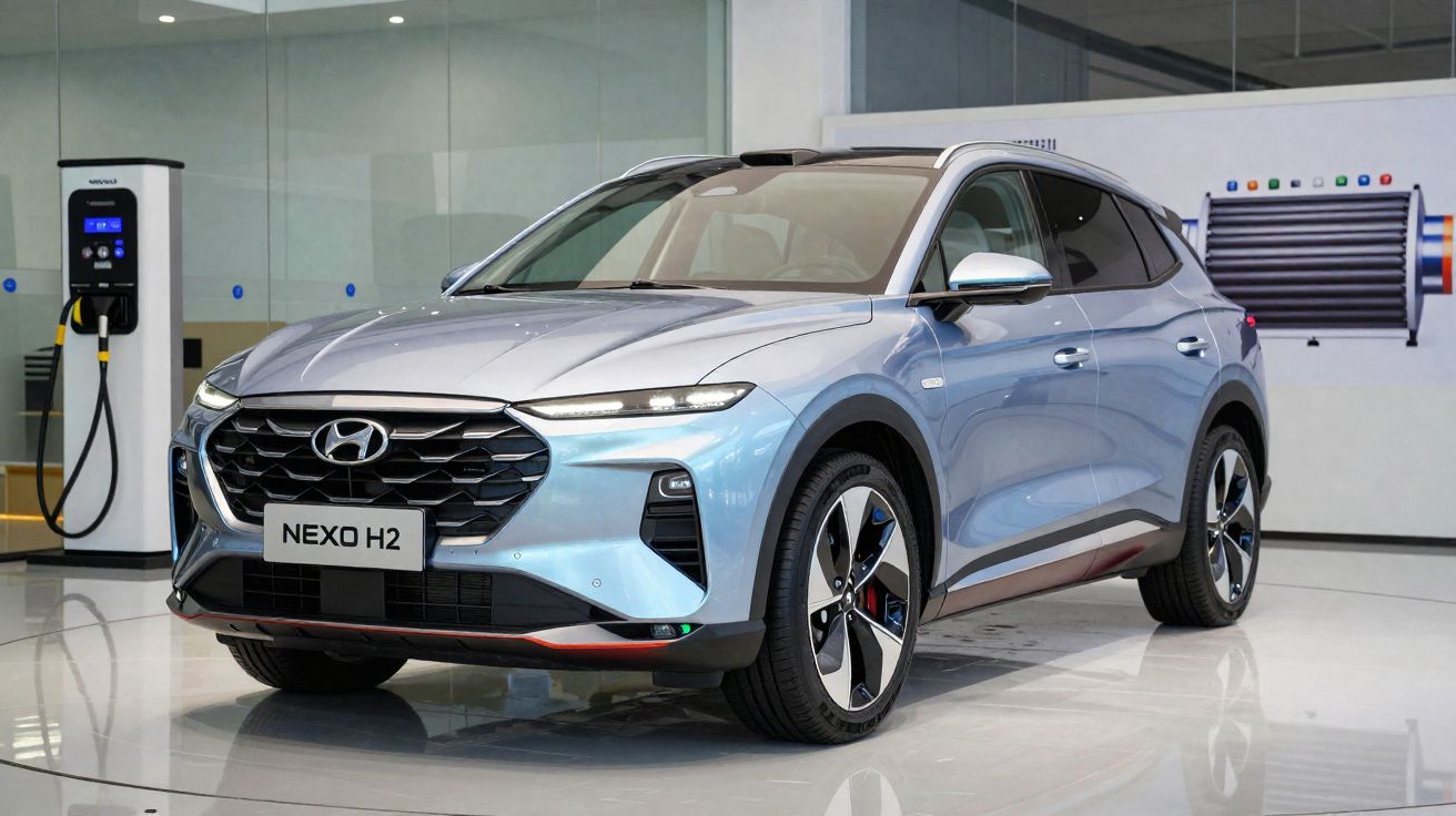 Carro Hyundai Nexo H2 prata estacionado em ambiente interno próximo a carregador elétrico.