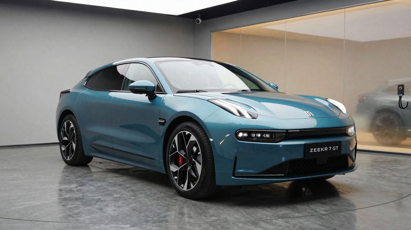 Carro elétrico azul Zeekr 7 GT estacionado em ambiente interno com piso de concreto polished.