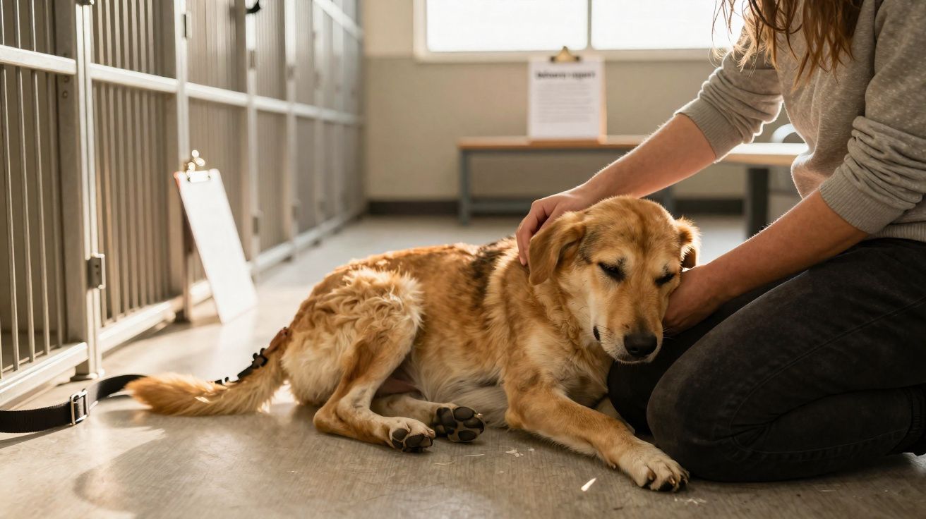 Cachorro deitado no chão sendo acariciado por uma pessoa em abrigo de animais.