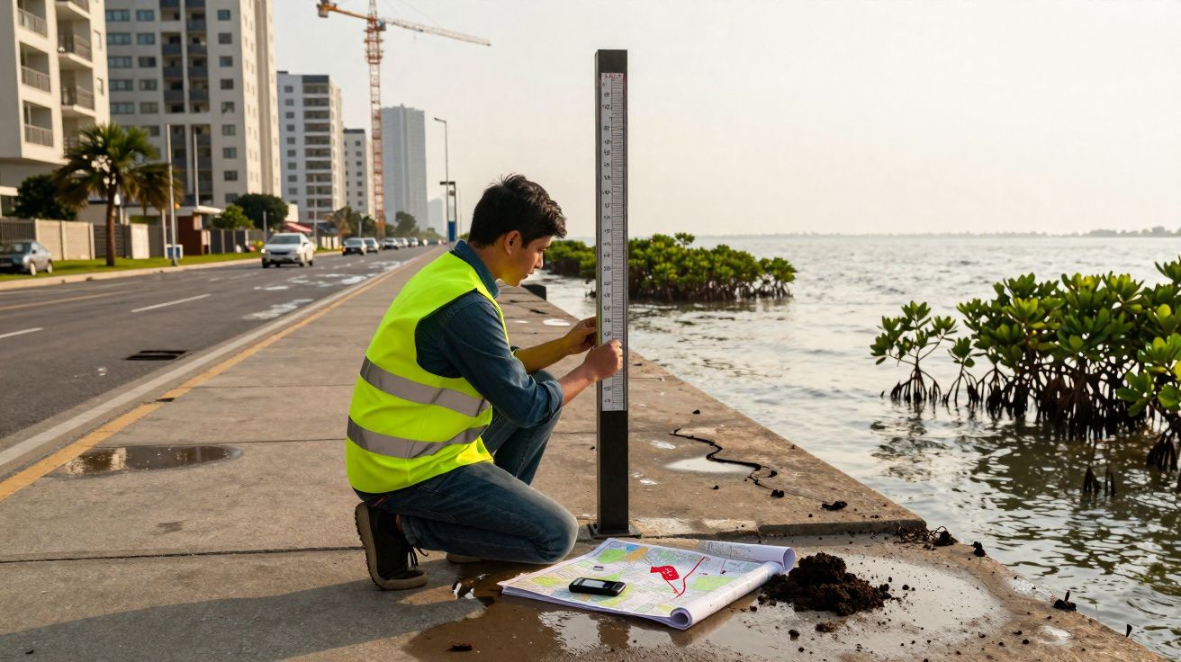 Homem com colete refletivo mede nível de água ao lado de mapa e área urbana próxima ao mar.