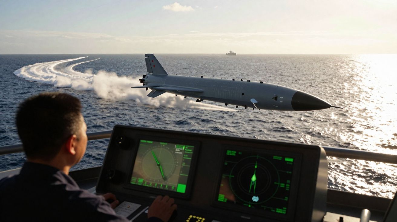 Homem em navio monitorando míssil voando baixo sobre o mar durante o dia com outro navio ao fundo.