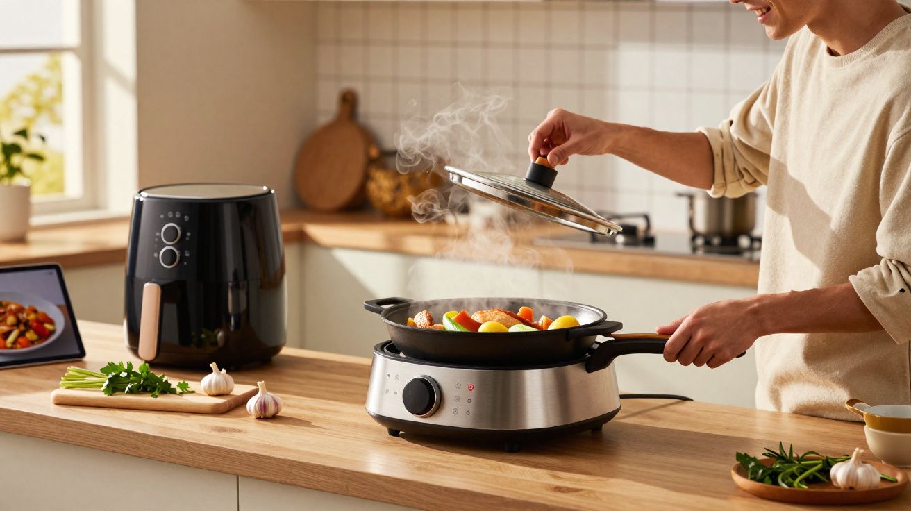 Pessoa tirando a tampa de uma panela elétrica com legumes e frango cozinhando no fogão portátil na cozinha moderna.