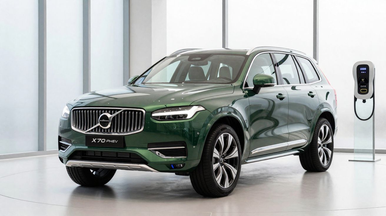 Carro SUV Volvo X70 PHEV verde estacionado em showroom com carregador de carro elétrico ao lado.