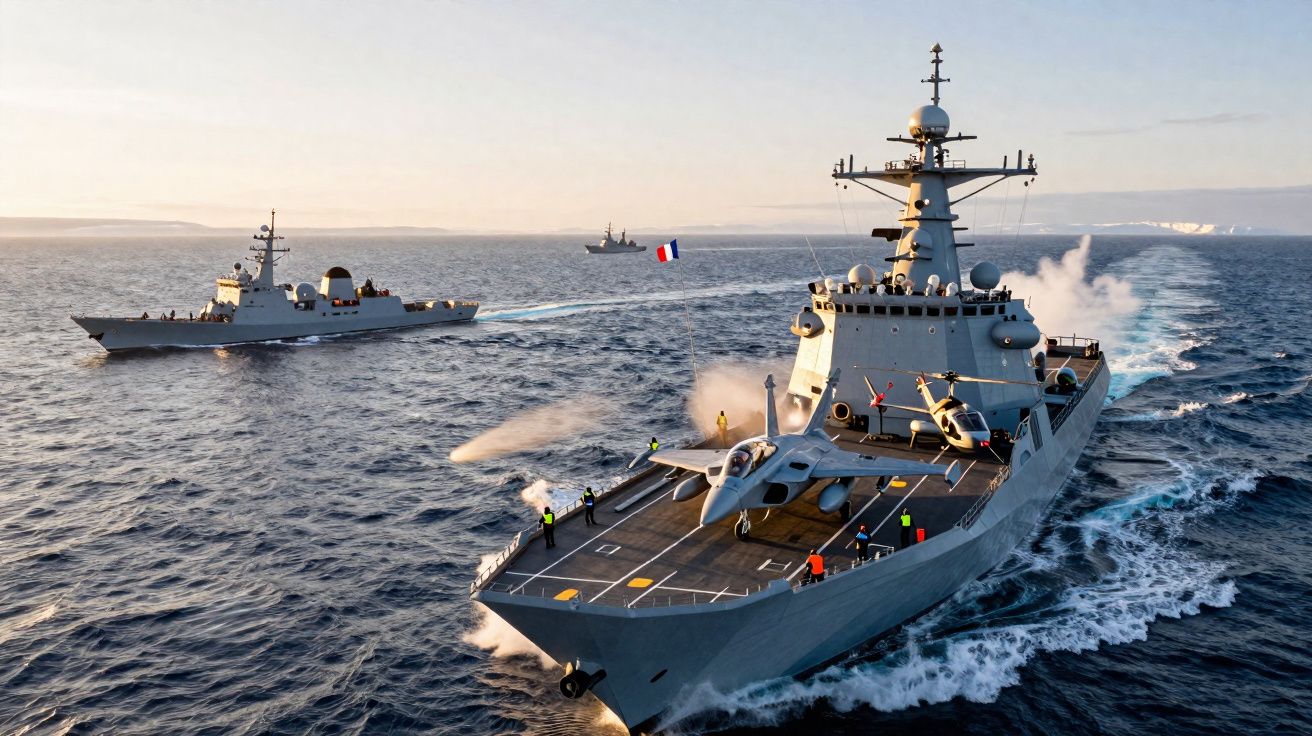Navios de guerra em mar aberto, com caça e helicóptero no convés de um deles ao entardecer.
