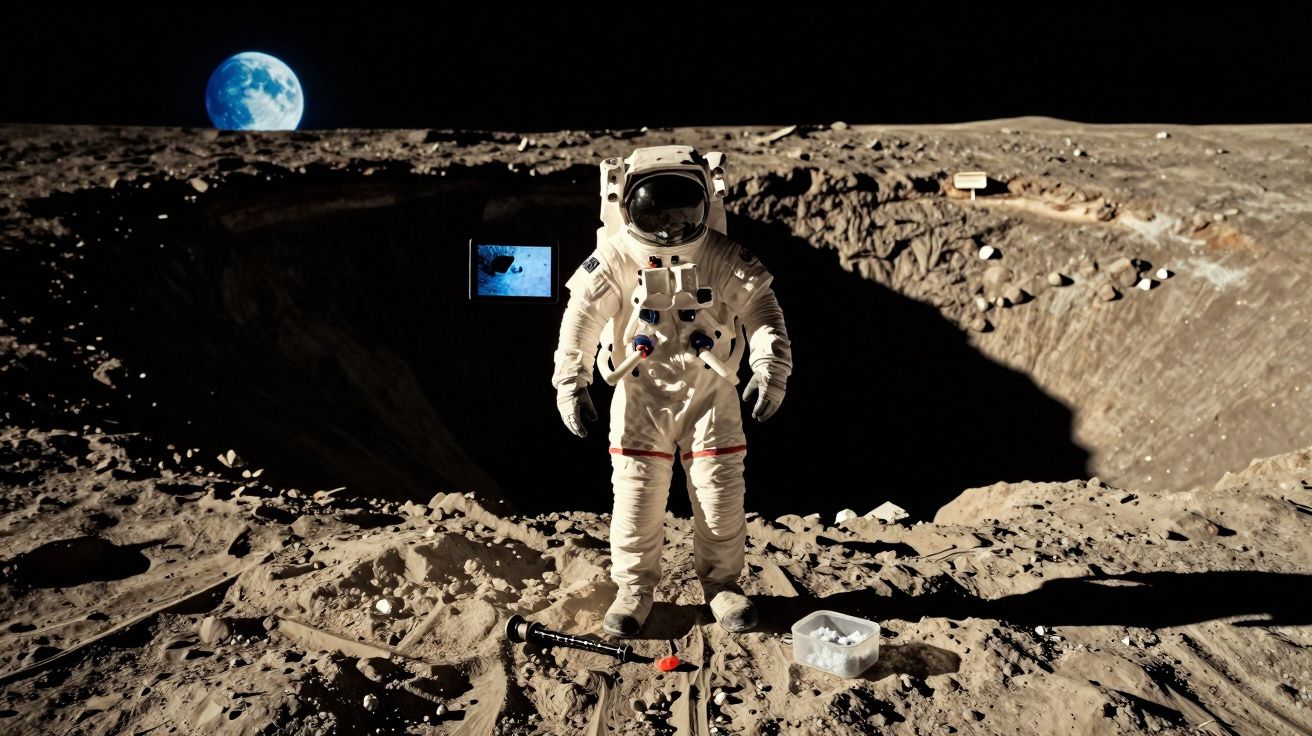 Astronauta em traje espacial em solo lunar com a Terra visível ao fundo no espaço.