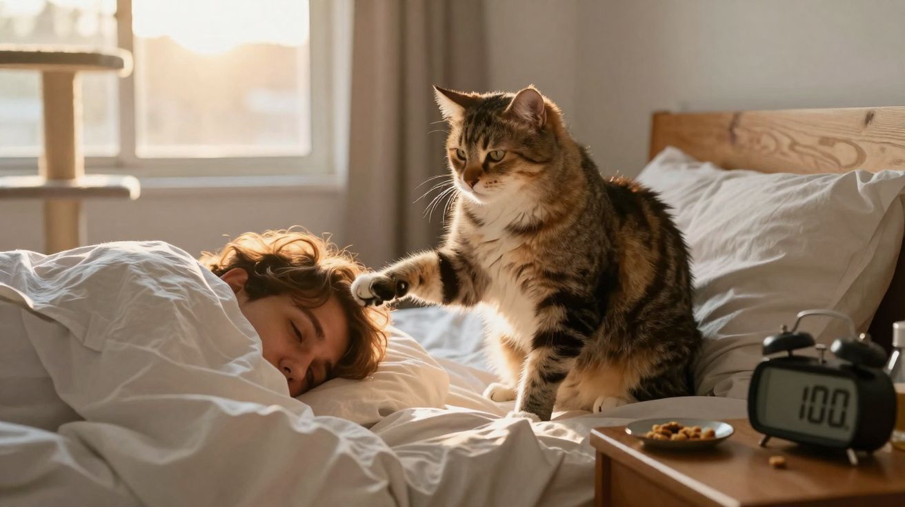 Gato marrom tocando delicadamente a cabeça de uma pessoa dormindo na cama pela manhã com luz natural.