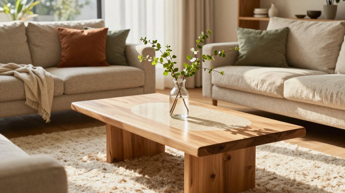 Sala de estar aconchegante com sofá bege, almofadas coloridas, mesa de madeira e vaso com folhagem verde.
