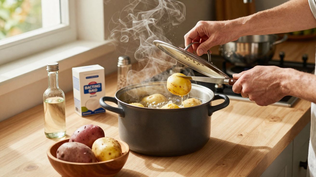 Pessoa retirando batata quente com escumadeira de panela com vapor em cozinha iluminada por janela.
