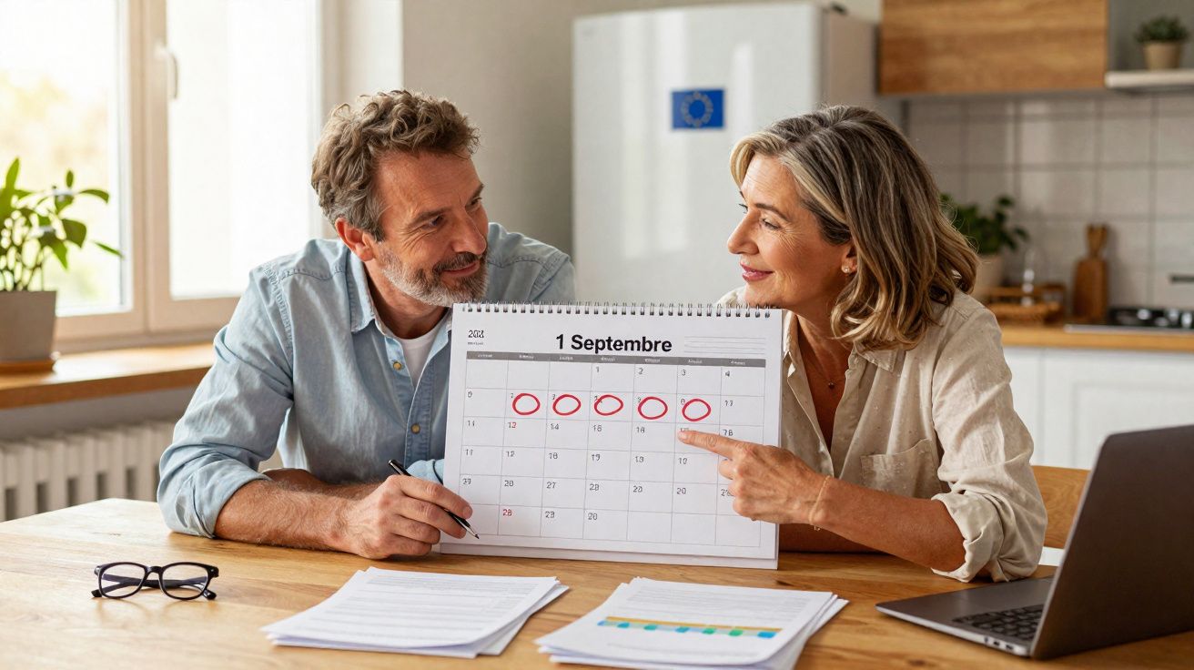 Casal sorrindo sentado à mesa mostrando calendário de setembro com dias marcados em vermelho.