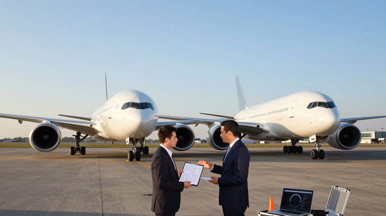 Dois homens de negócios conversando em pista de aeroporto com dois aviões brancos estacionados ao fundo.