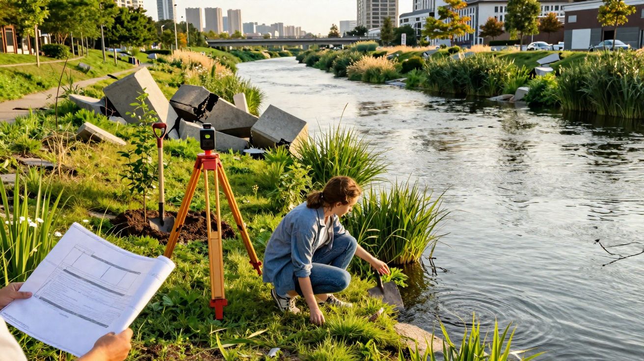 Mulher coleta amostra de planta na margem de um rio urbano com equipamentos de medição e plantas ao redor.