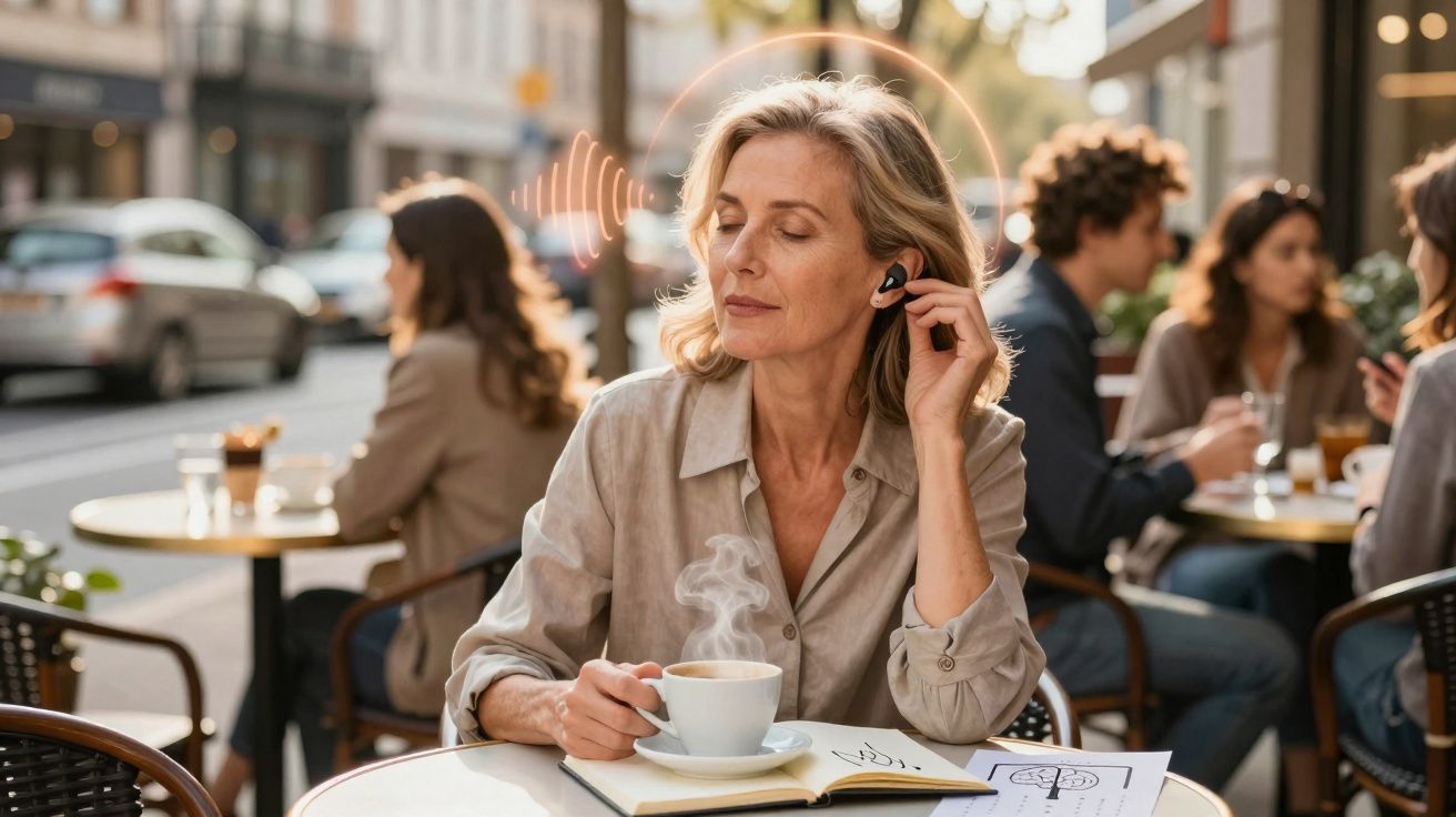 Mulher relaxando em café ao ar livre, ouvindo música com fone e segurando xícara de café fumegante.