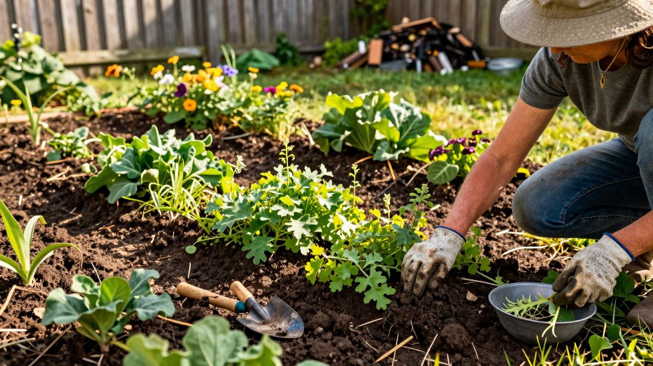 Pessoa cuidando de plantas em horta caseira com flores e ferramentas de jardinagem ao redor.