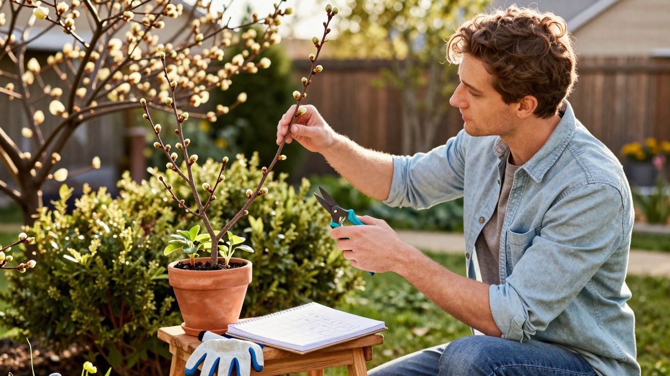 Homem podando ramo de planta em vaso no jardim, com tesoura de poda e caderno ao lado.