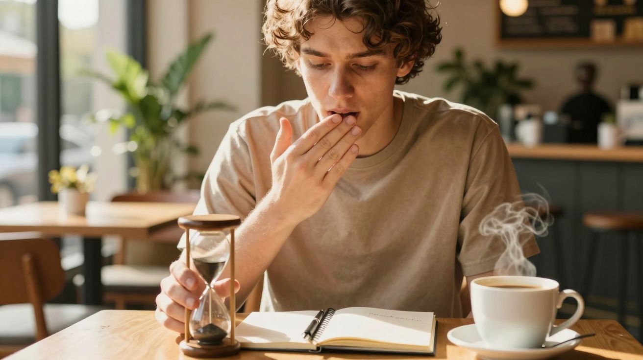 Jovem segurando ampulheta e bocejando enquanto estuda com café em uma mesa de cafeteria.