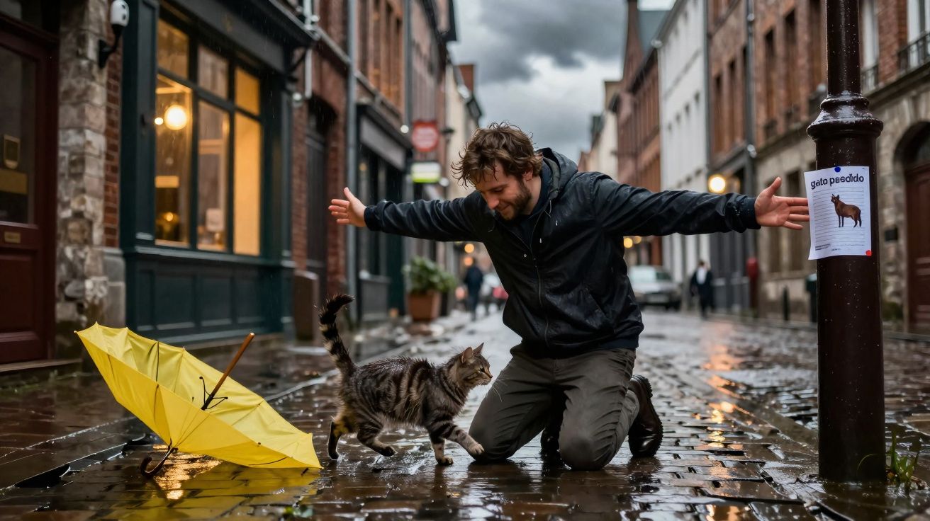 Homem ajoelhado em rua molhada interage com gato, guarda-chuva amarelo aberto no chão ao lado.