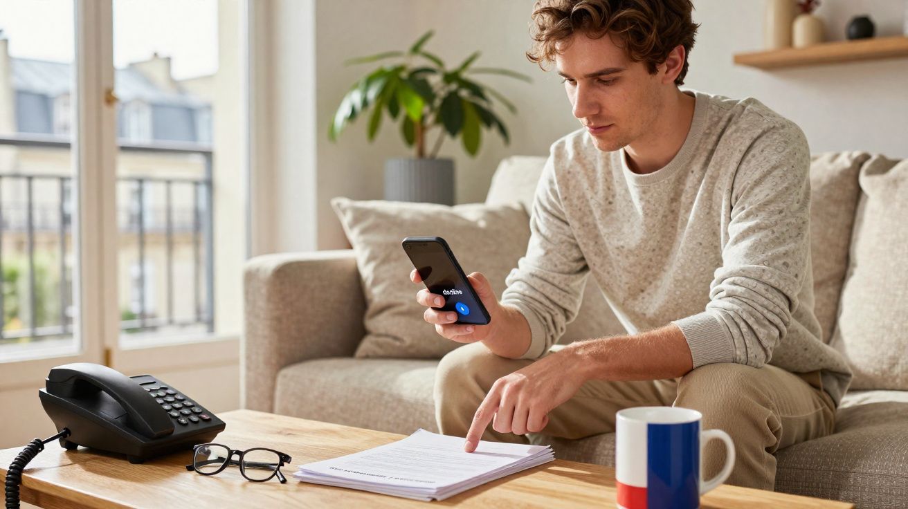 Homem sentado no sofá usando celular e analisando documentos na mesa de madeira da sala.