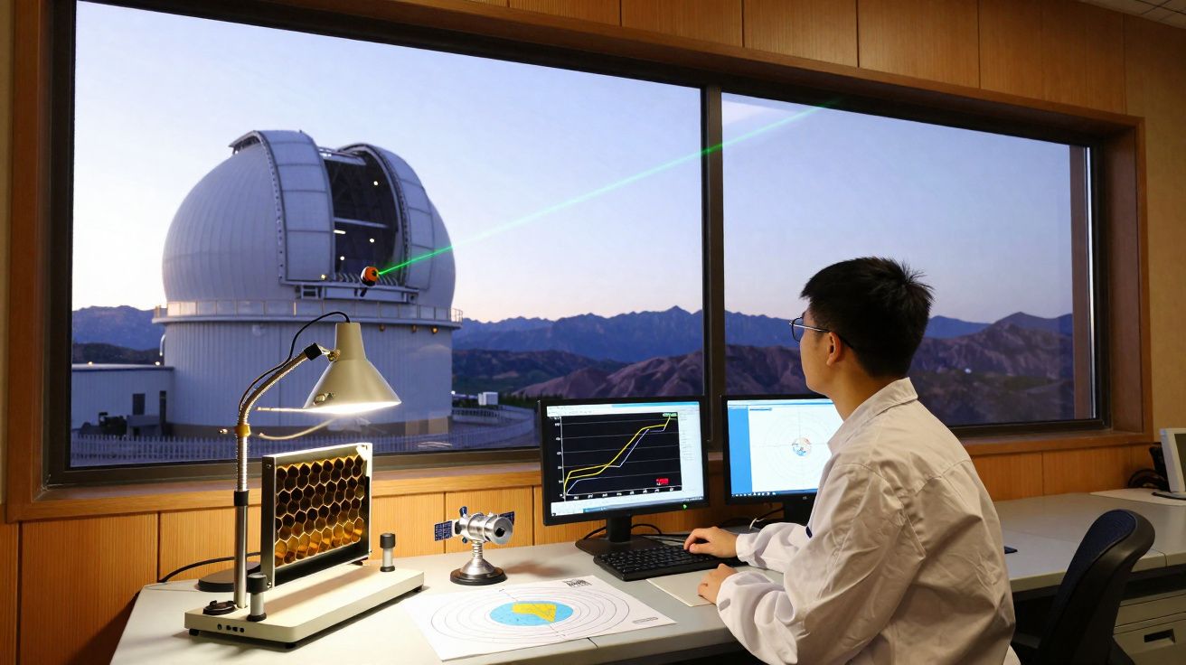 Homem em laboratório observa gráfico em computador com telescópio emitindo laser ao fundo durante o entardecer.