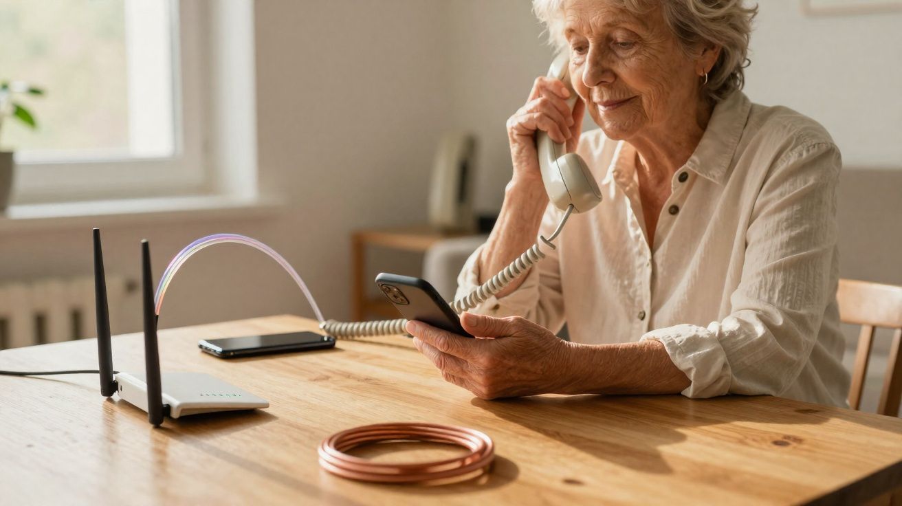 Idosa usando telefone fixo e celular sentada à mesa com roteador Wi-Fi e cabos ao redor.